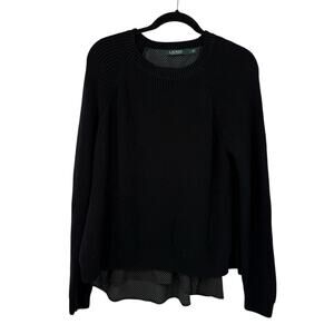 Lauren Ralph Lauren Shirt Tail Sweater Women Large Black Ribbed Knit Round Neck